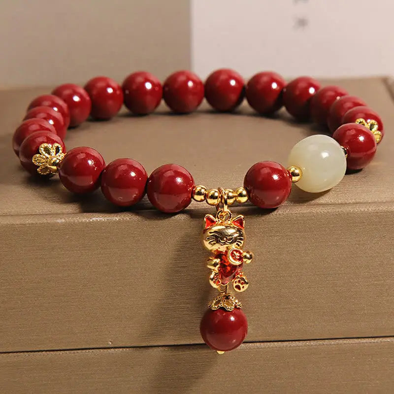 Buddha Stones "Wishing You Good Fortune and Joy" Cat Cinnabar Bracelet Includes Gift Message Card Fortune Jewel