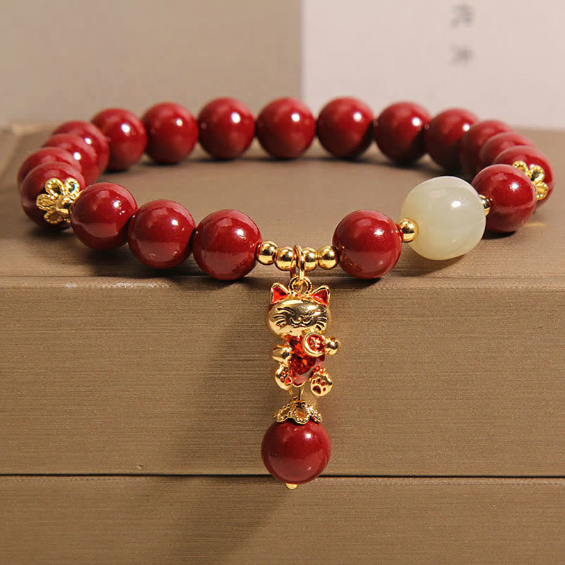 Fortune Jewel Natural Lucky Cat Pendant Cinnabar Blessing Bracelet