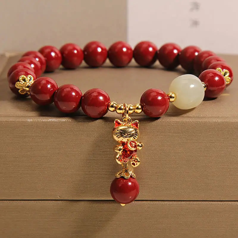 Buddha Stones "Wishing You Good Fortune and Joy" Cat Cinnabar Bracelet Includes Gift Message Card Fortune Jewel