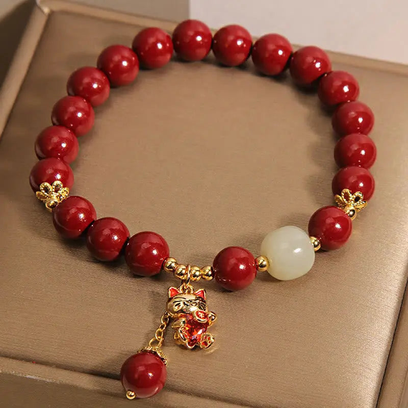 Buddha Stones "Wishing You Good Fortune and Joy" Cat Cinnabar Bracelet Includes Gift Message Card Fortune Jewel