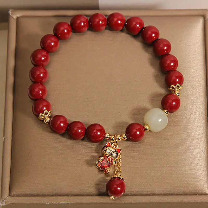 Buddha Stones "Wishing You Good Fortune and Joy" Cat Cinnabar Bracelet Includes Gift Message Card Fortune Jewel