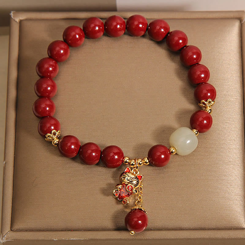 Fortune Jewel Natural Lucky Cat Pendant Cinnabar Blessing Bracelet