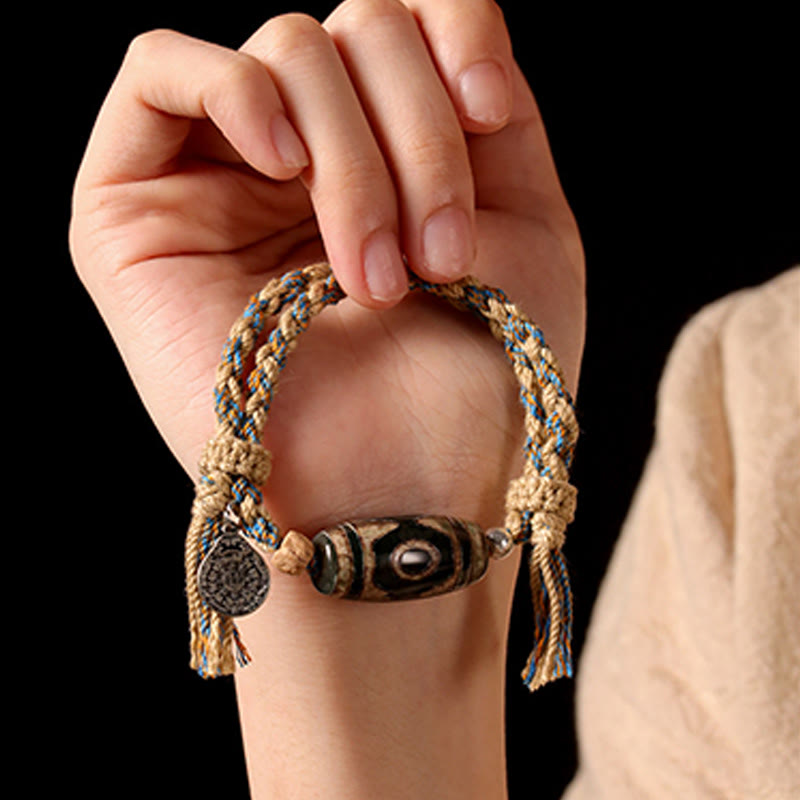 Fortune Jewel Handmade Tibetan Dzi Bead Wealth Protection Braided String Bracelet