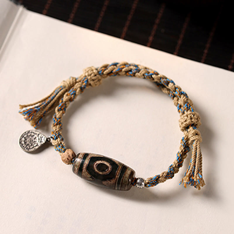 Fortune Jewel Handmade Tibetan Dzi Bead Wealth Protection Braided String Bracelet