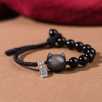 Fortune Jewel Black Obsidian Silver Sheen Obsidian Cute Cat Dancing Lion Strength Bracelet