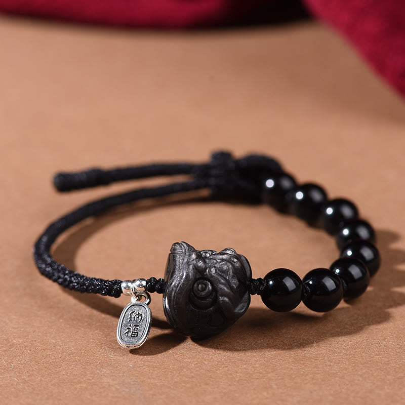 Fortune Jewel Black Obsidian Silver Sheen Obsidian Cute Cat Dancing Lion Strength Bracelet