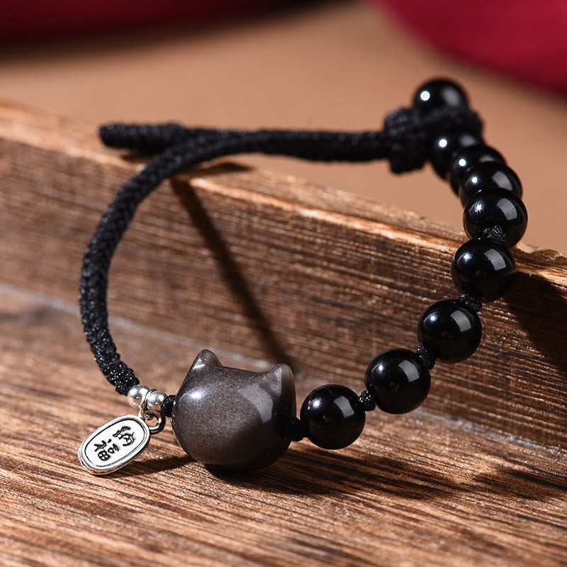Fortune Jewel Black Obsidian Silver Sheen Obsidian Cute Cat Dancing Lion Strength Bracelet