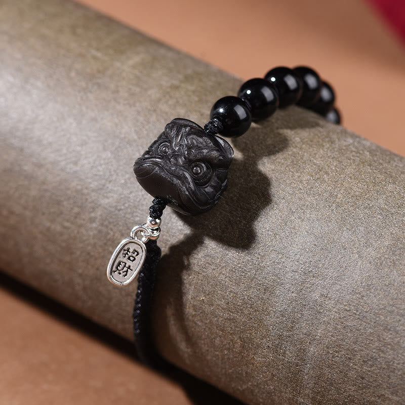 Fortune Jewel Black Obsidian Silver Sheen Obsidian Cute Cat Dancing Lion Strength Bracelet