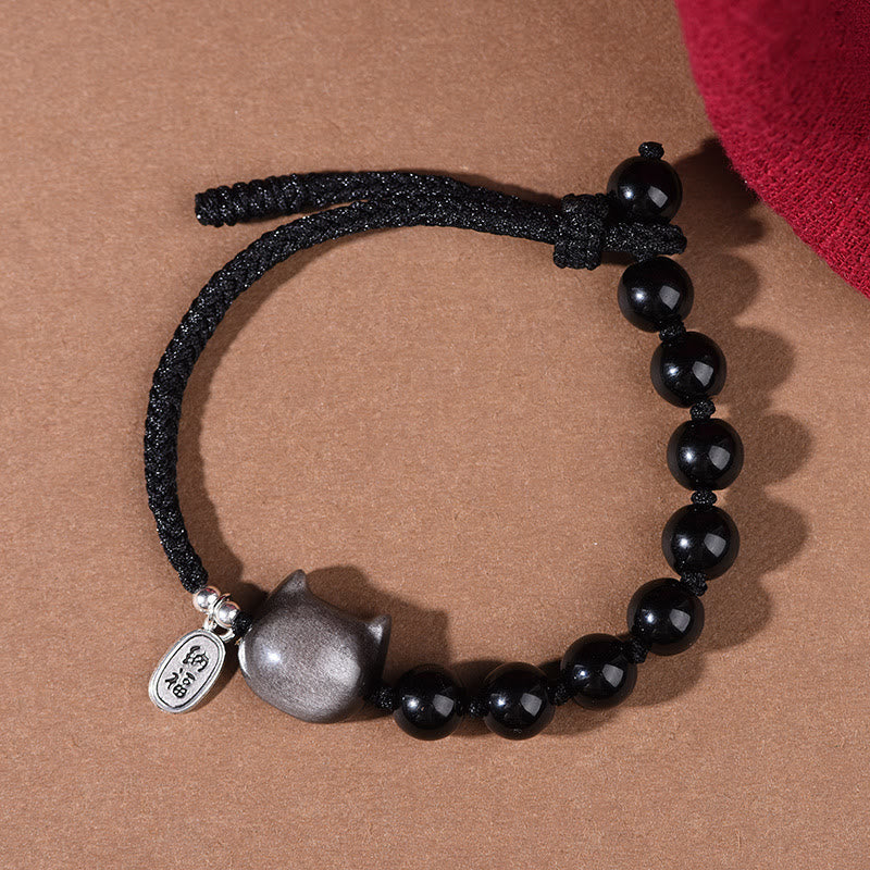 Fortune Jewel Black Obsidian Silver Sheen Obsidian Cute Cat Dancing Lion Strength Bracelet