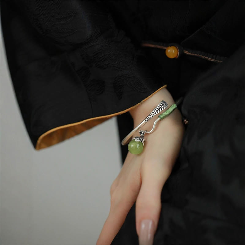 Fortune Jewel Copper Alloy Green Bead Charm Luck Cuff Bracelet Bangle