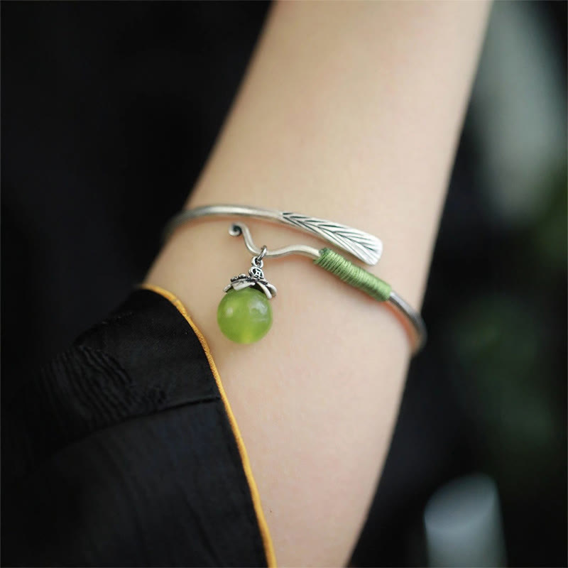Fortune Jewel Copper Alloy Green Bead Charm Luck Cuff Bracelet Bangle