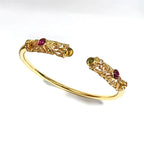 Fortune Jewel Golden Flower Pattern Red Zircon Amber Copper Luck Cuff Bracelet Bangle
