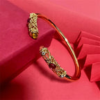 Fortune Jewel Golden Flower Pattern Red Zircon Amber Copper Luck Cuff Bracelet Bangle