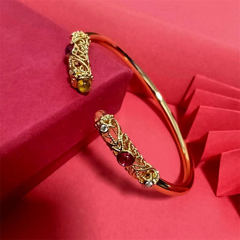 Fortune Jewel Golden Flower Pattern Red Zircon Amber Copper Luck Cuff Bracelet Bangle