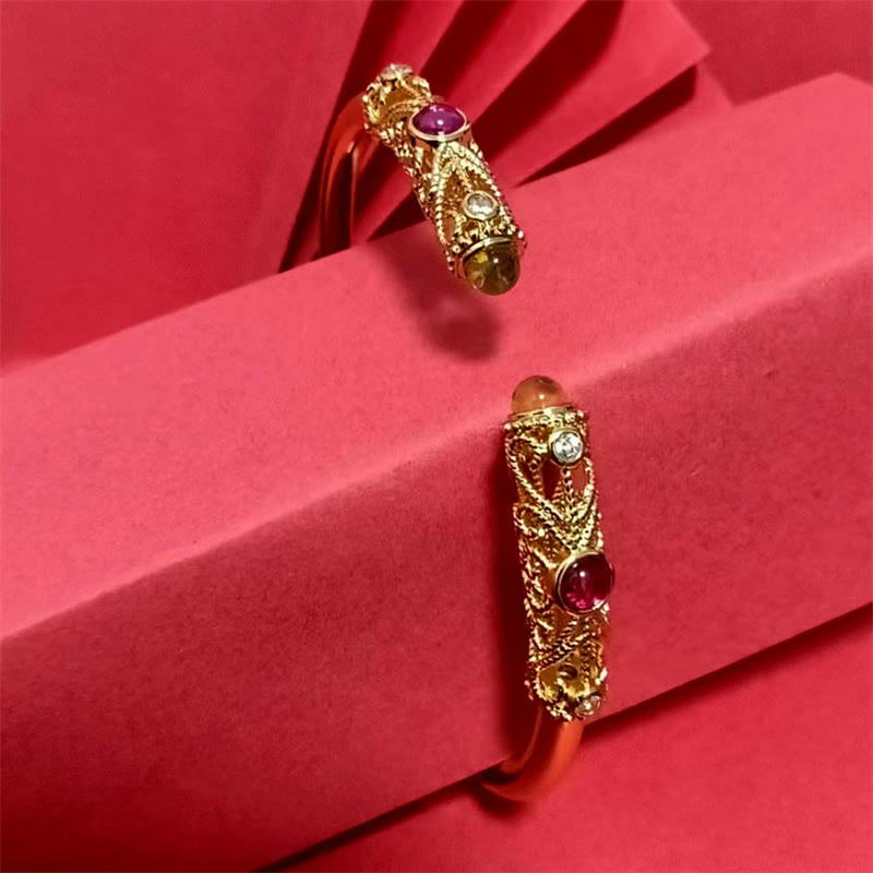 Fortune Jewel Golden Flower Pattern Red Zircon Amber Copper Luck Cuff Bracelet Bangle