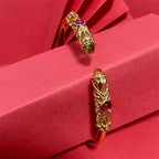 Fortune Jewel Golden Flower Pattern Red Zircon Amber Copper Luck Cuff Bracelet Bangle