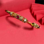 Fortune Jewel Golden Flower Pattern Red Zircon Amber Copper Luck Cuff Bracelet Bangle