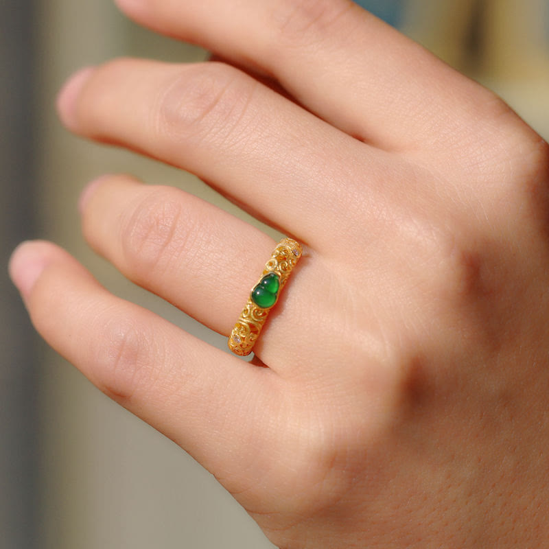Fortune Jewel Vintage Gourd Green Chalcedony Copper Alloy Wealth Ring