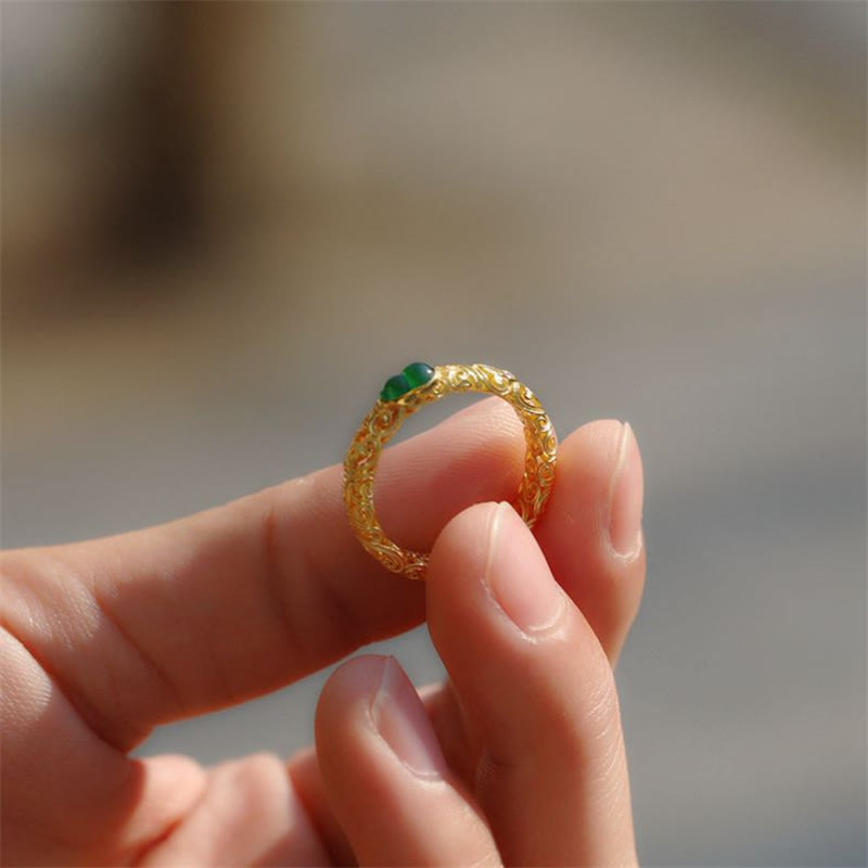Fortune Jewel Vintage Gourd Green Chalcedony Copper Alloy Wealth Ring