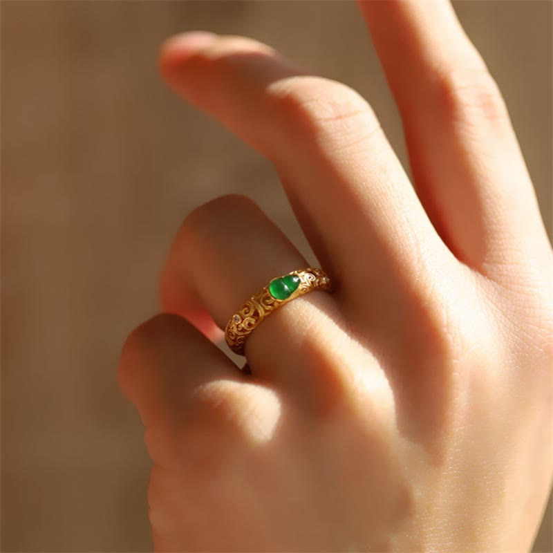 Fortune Jewel Vintage Gourd Green Chalcedony Copper Alloy Wealth Ring