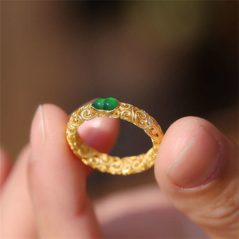 Fortune Jewel Vintage Gourd Green Chalcedony Copper Alloy Wealth Ring
