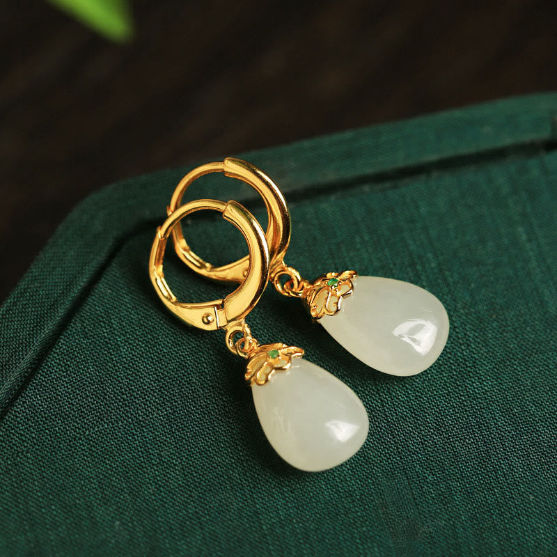 Fortune Jewel Green Chalcedony Water Drop Strength Copper Posts Earrings