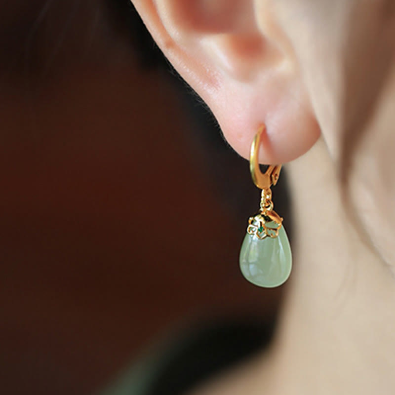 Fortune Jewel Green Chalcedony Water Drop Strength Copper Posts Earrings