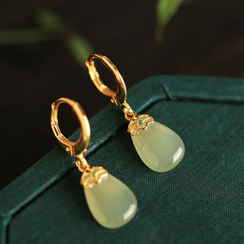 Fortune Jewel Green Chalcedony Water Drop Strength Copper Posts Earrings
