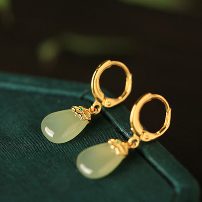 Fortune Jewel Green Chalcedony Water Drop Strength Copper Posts Earrings