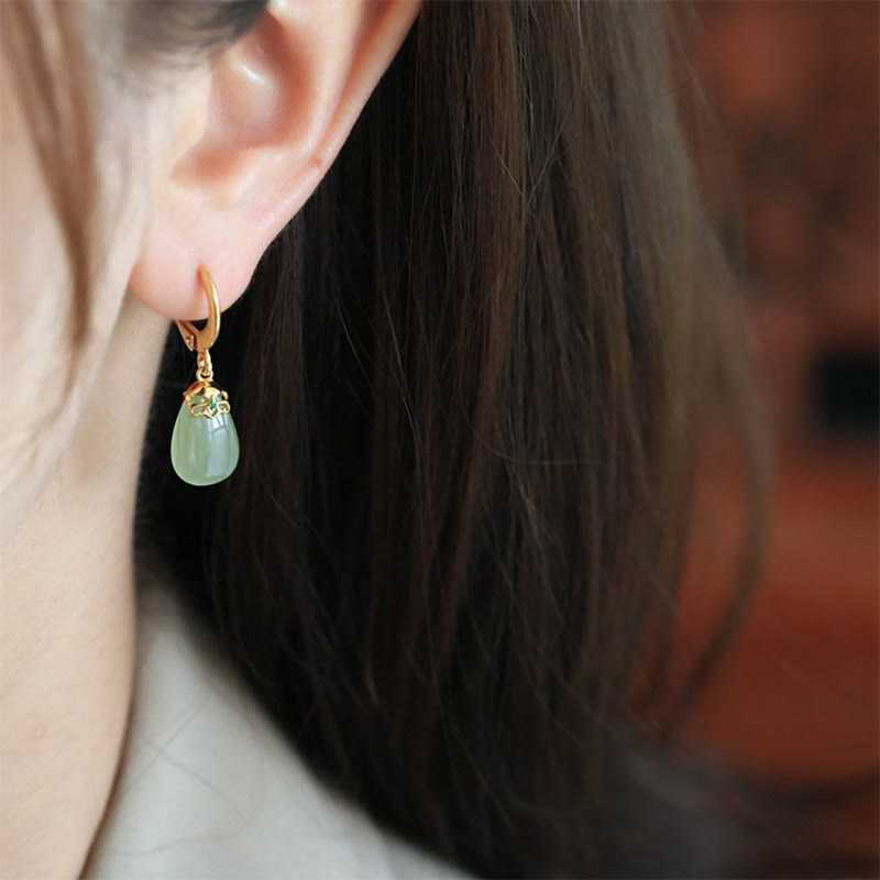 Fortune Jewel Green Chalcedony Water Drop Strength Copper Posts Earrings