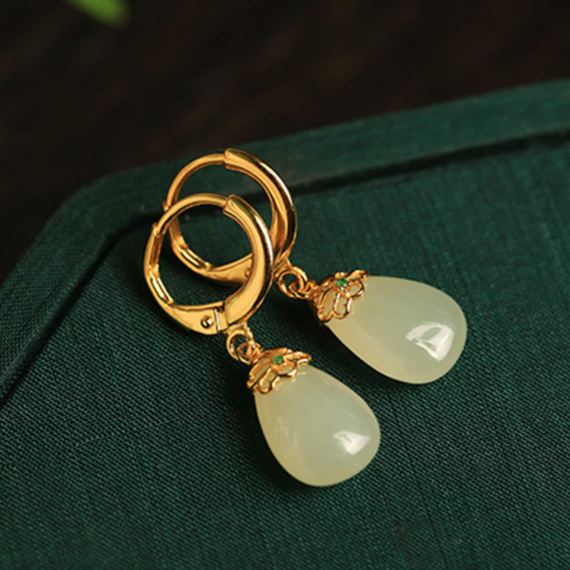 Fortune Jewel Green Chalcedony Water Drop Strength Copper Posts Earrings