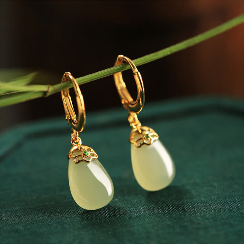 Fortune Jewel Green Chalcedony Water Drop Strength Copper Posts Earrings