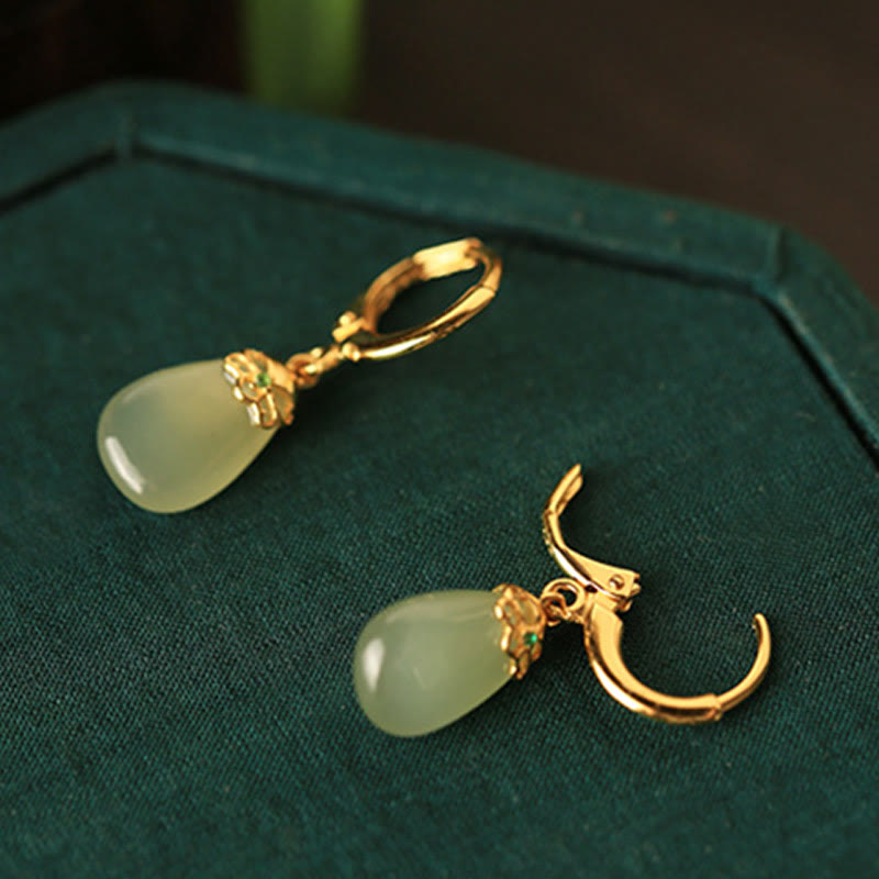 Fortune Jewel Green Chalcedony Water Drop Strength Copper Posts Earrings