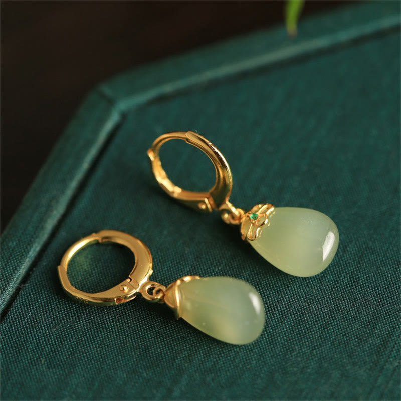 Fortune Jewel Green Chalcedony Water Drop Strength Copper Posts Earrings