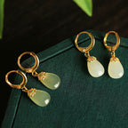 Fortune Jewel Green Chalcedony Water Drop Strength Copper Posts Earrings