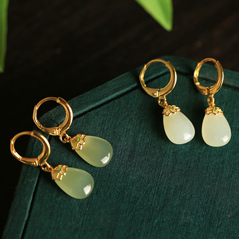 Fortune Jewel Green Chalcedony Water Drop Strength Copper Posts Earrings