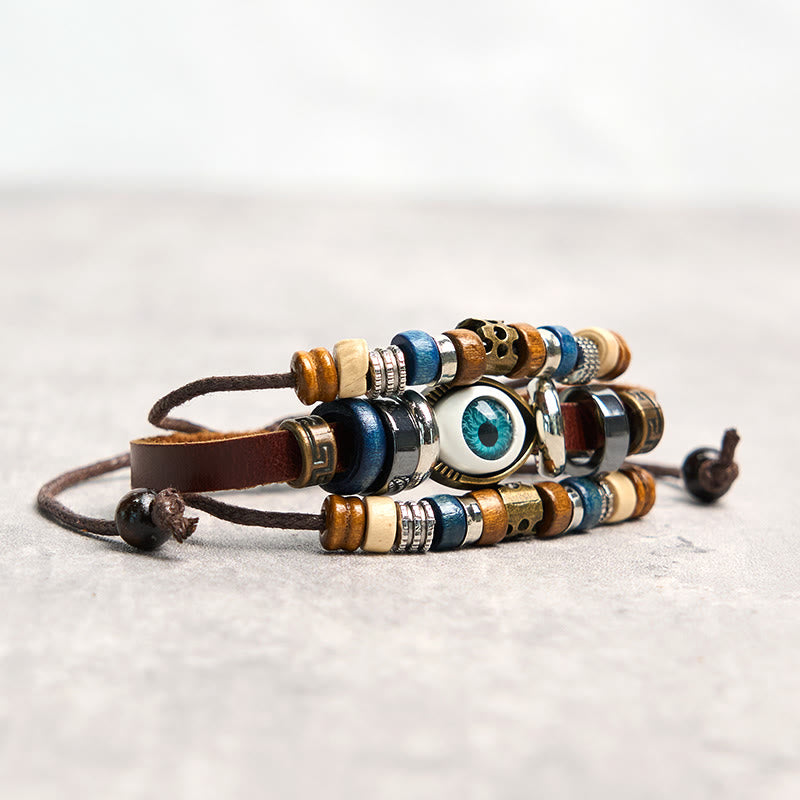 Fortune Jewel Tibetan Evil Eye Leather Adjustable Protection Bracelet