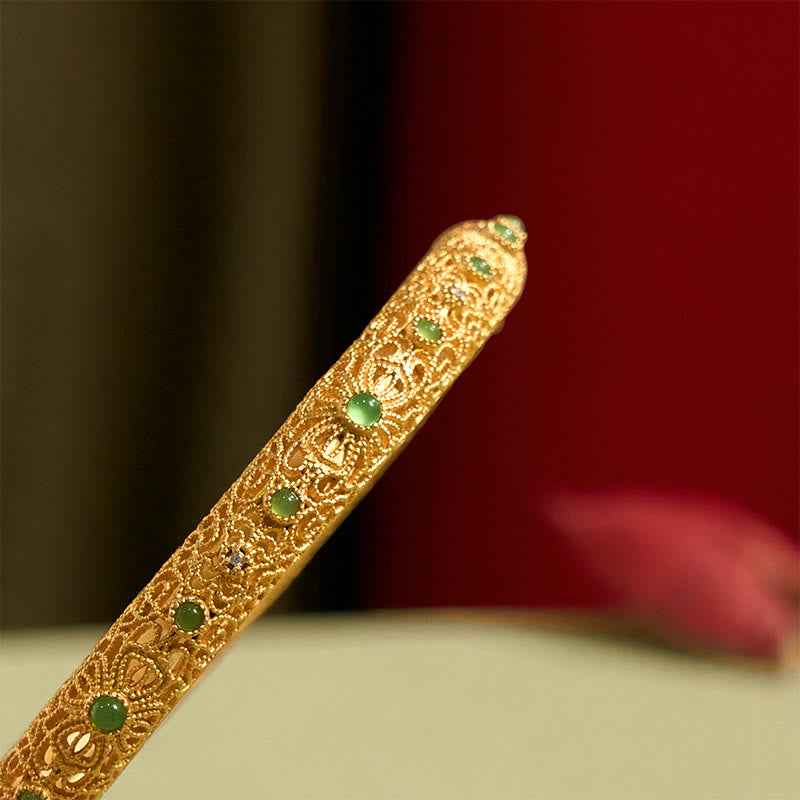 Fortune Jewel Hollow Filigree Design Copper Plated Gold Wealth Bracelet Bangle