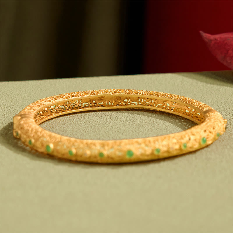 Fortune Jewel Hollow Filigree Design Copper Plated Gold Wealth Bracelet Bangle