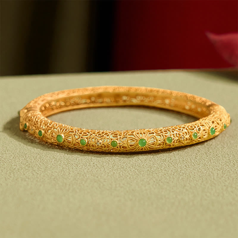Fortune Jewel Hollow Filigree Design Copper Plated Gold Wealth Bracelet Bangle