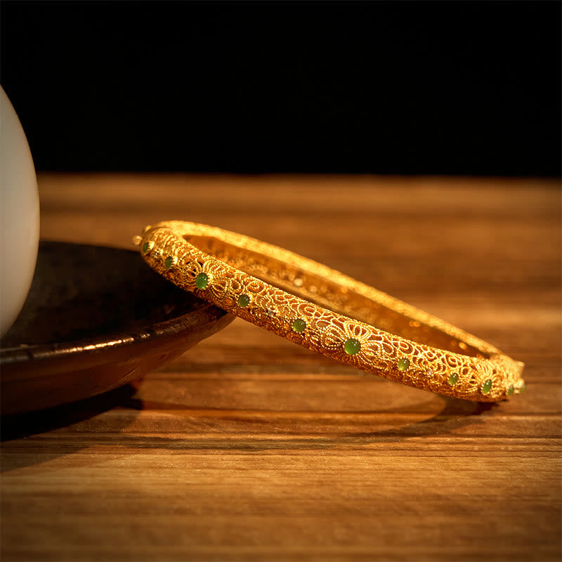 Fortune Jewel Hollow Filigree Design Copper Plated Gold Wealth Bracelet Bangle