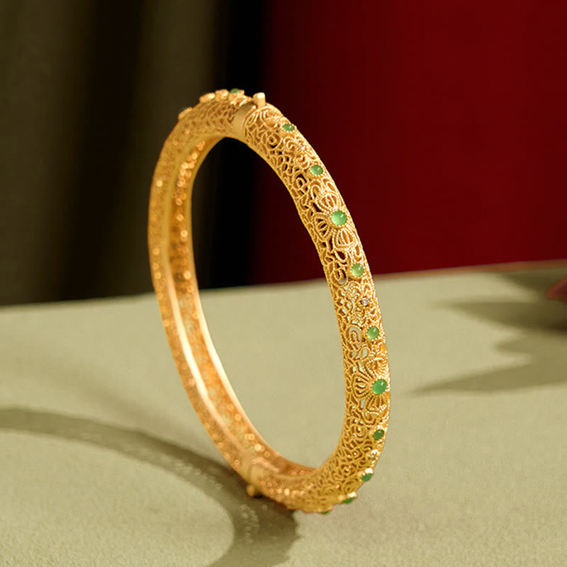 Fortune Jewel Hollow Filigree Design Copper Plated Gold Wealth Bracelet Bangle