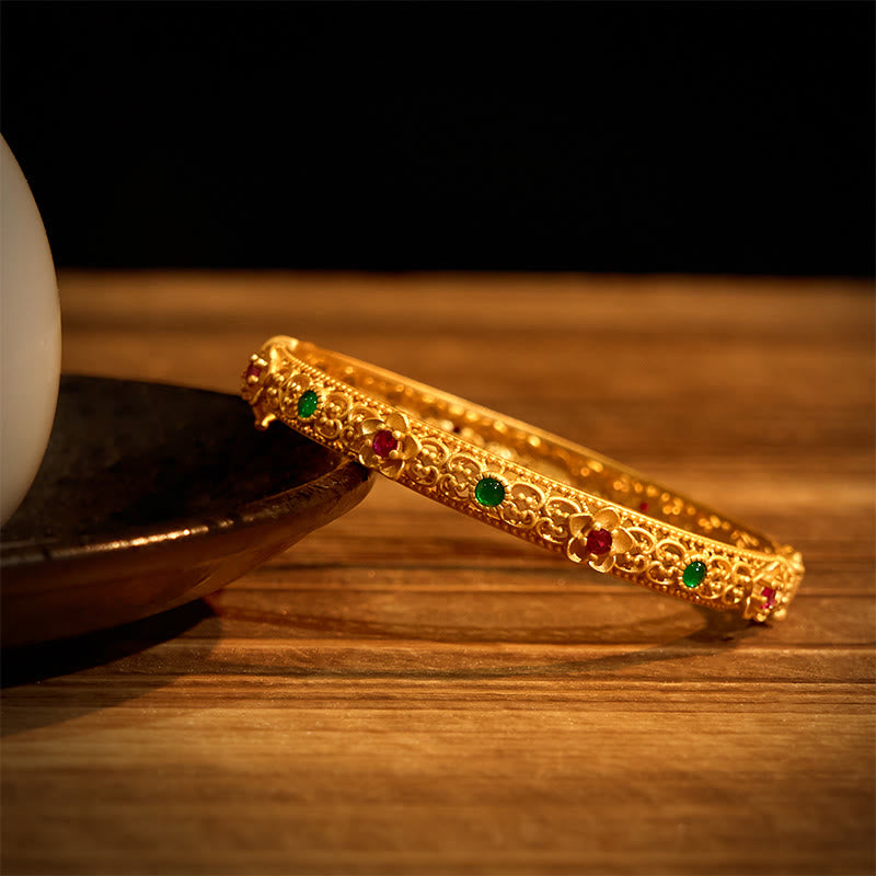 Fortune Jewel Hollow Design Copper Plated Gold Flower Luck Bracelet Bangle