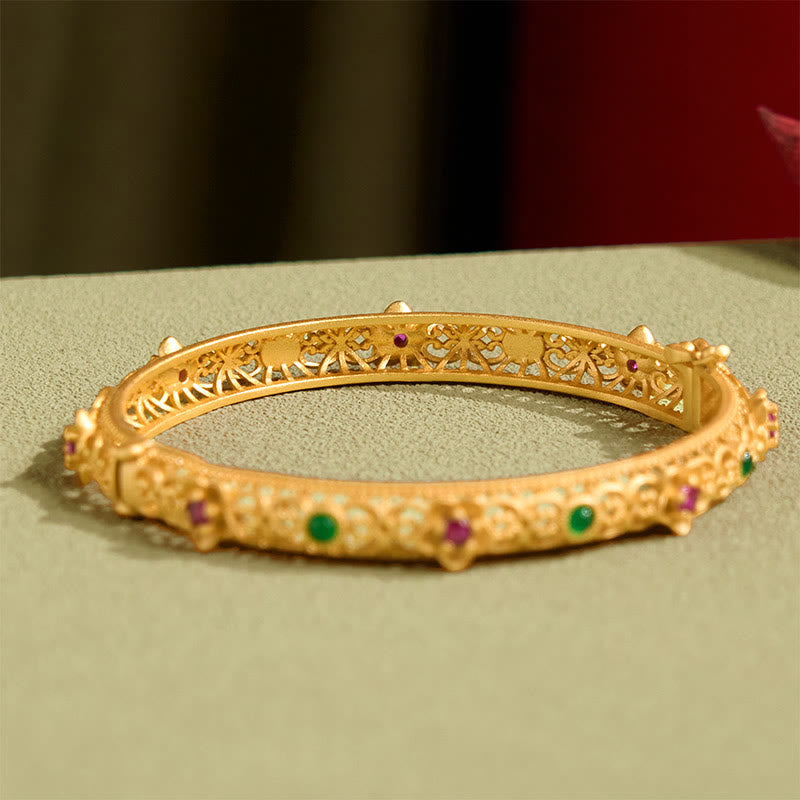 Fortune Jewel Hollow Design Copper Plated Gold Flower Luck Bracelet Bangle