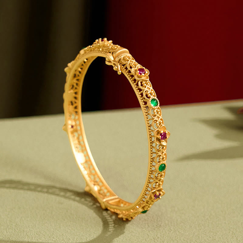 Fortune Jewel Hollow Design Copper Plated Gold Flower Luck Bracelet Bangle