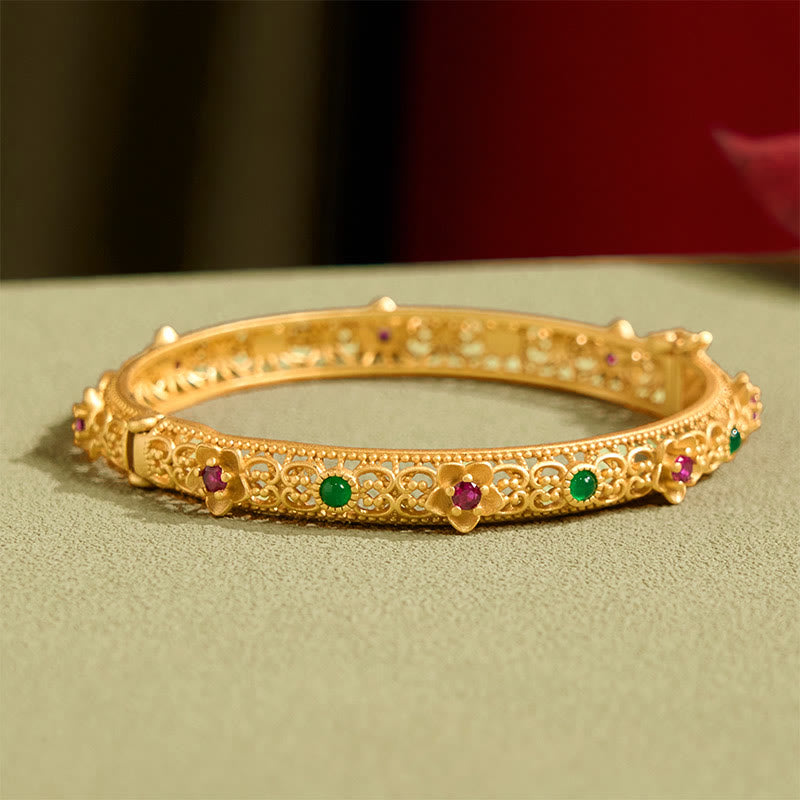 Fortune Jewel Hollow Design Copper Plated Gold Flower Luck Bracelet Bangle