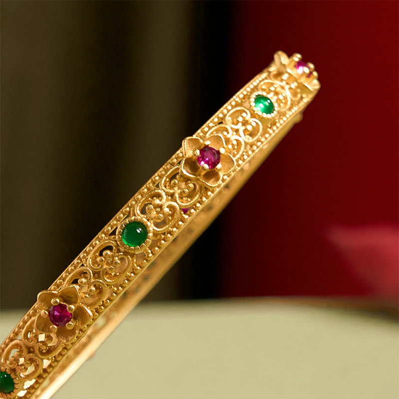 Fortune Jewel Hollow Design Copper Plated Gold Flower Luck Bracelet Bangle