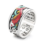 Buddha Stones Blue Enamel Koi Fish Heart Sutra Success Ring