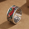 Buddha Stones Blue Enamel Koi Fish Heart Sutra Success Ring