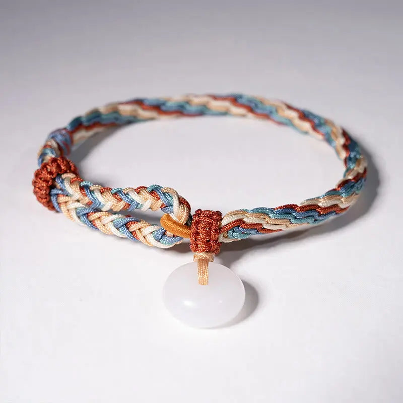 Fortune Jewel Natural Hetian Jade Peace Buckle Protection Colored Rope Braided Bracelet Fortune Jewel
